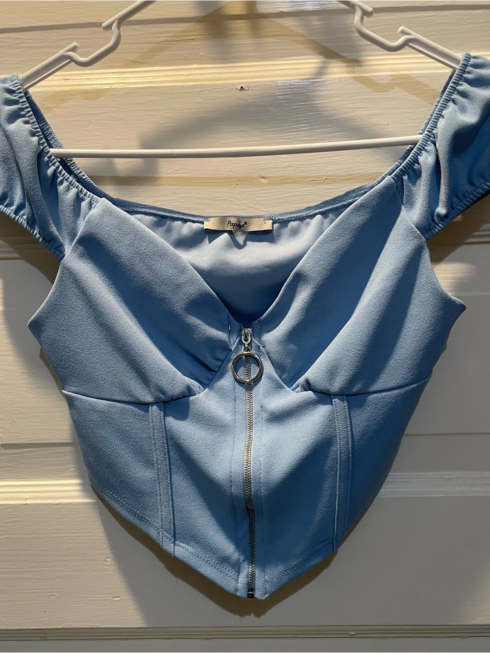 Light Blue Off-Shoulder Zip-Front Crop Top